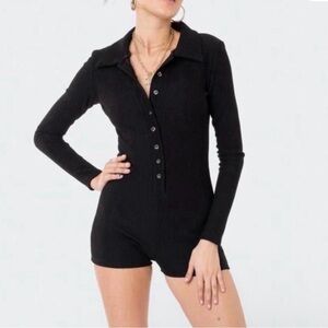 Edikted Black Ribbed Long-Sleeve Button Bodysuit Romper - XS